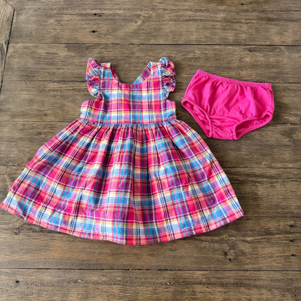 Ralph Lauren Baby Girls Pink Plaid Flutter Sleeve Sun Dress Diaper‎ Cover Set 9M